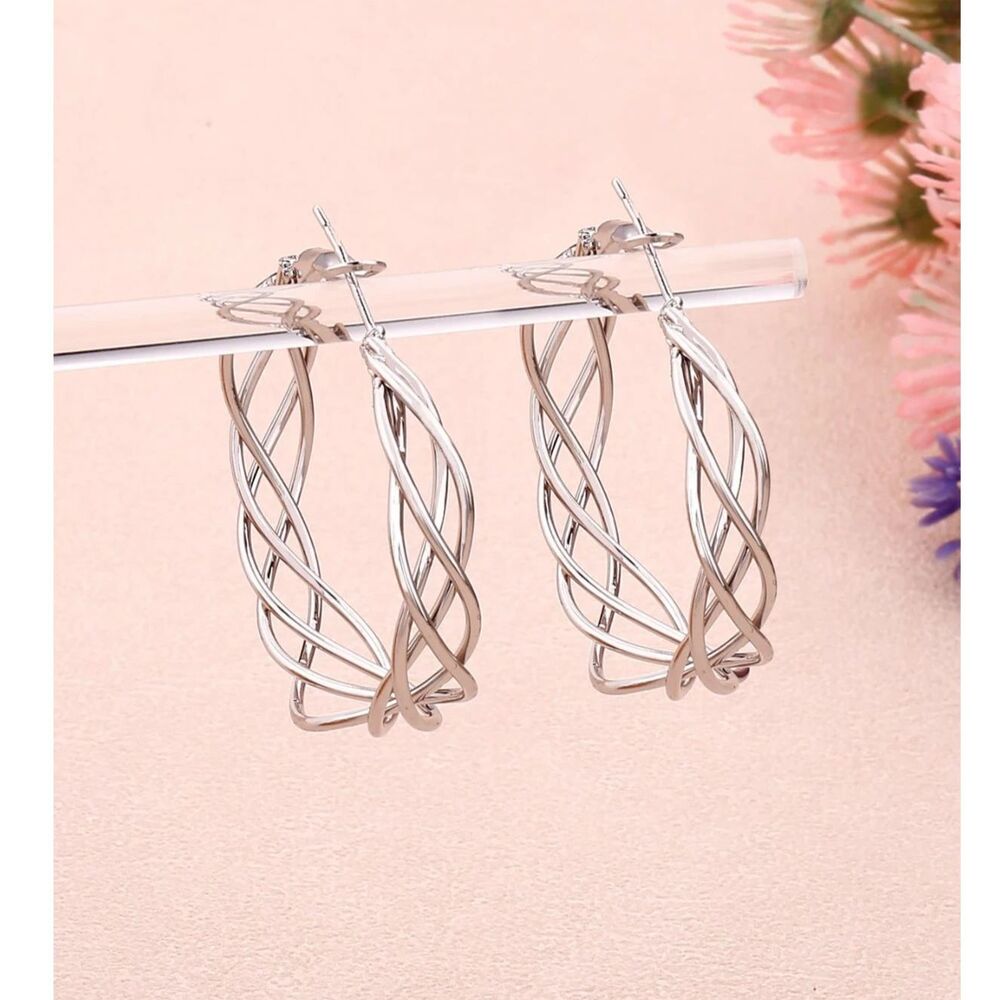 Braided Silver Twist Hoop Earrings Lightwt Swirl Classic Dangle Secure Back New